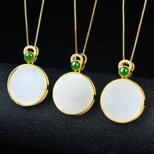 Natural Hetian white jade Round Pendant Necklace Chinese style retro palace unique gold craft charm womens festival gift