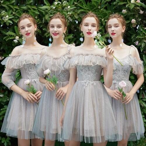 Bridesmaids Dresses O-Neck Three Quarter Embroidery Sequined Knee-Length Tulle Off The Shoulder Women Wedding Party Gown E298