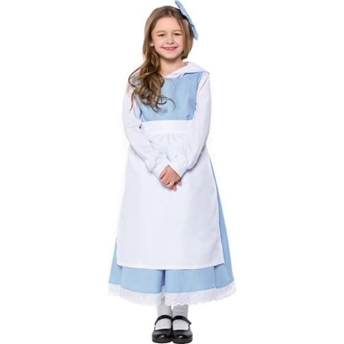Teen & Kid Girls Beauty & Beast Belle Princess & Anice Maid Costume White Blue Maid Apron Dress Fancy Uniform For Child