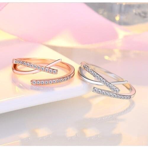 Luxury Female Crystal Cross Thin Ring Rose Gold Silver Color Wedding Rings For Women Trendy Zircon Stone Open Engagement Ring
