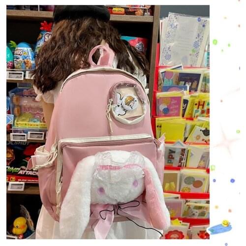 Kawaii Plush Doll Rabbit Women Backpack Cute Pink School Bag For Girls Large Capacity Book Bag Female Travel Cartoon Schoolbag