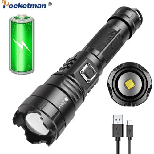 Pocketman XHP70 LED Tactical Flashlight Aluminum Alloy Zoomable 5 Modes Flashlight Waterproof Torch USB Rechargeable Flashlight