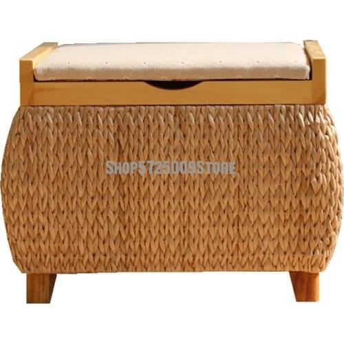 Straw And Rattan Knitting Storage Stool Storage Stool Rectangular Door Can Sit People Changing Shoes Stool Solid Wood Storage Bo