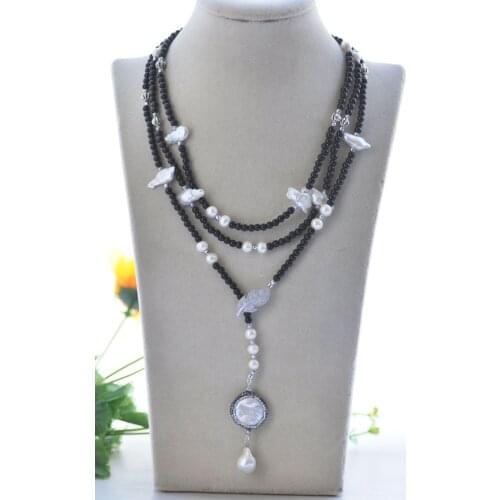 Z11030 56" Black Agate White Round Plum-blossom Edison Biwa Pearl Necklace CZ