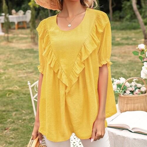 Womens Blouses Summer Ruffles Shirts Womens Clothing 2021 Short Sleeve O-Neck Flounce Loose Blusas Y Camisas Femme Y2k Tops