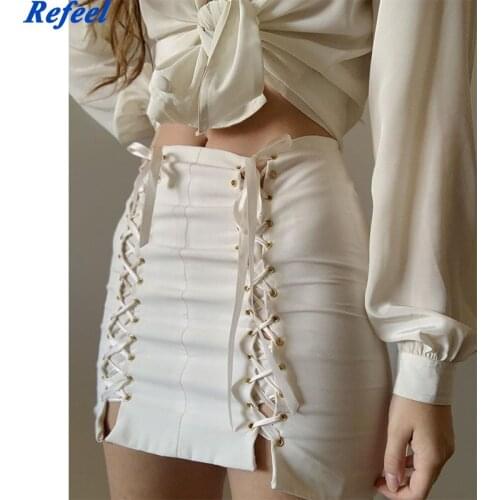 Streetwear Center Bandage Tie Cross Women A-line Skirt Harajuku High Waist Short Saia Mini Skirt
