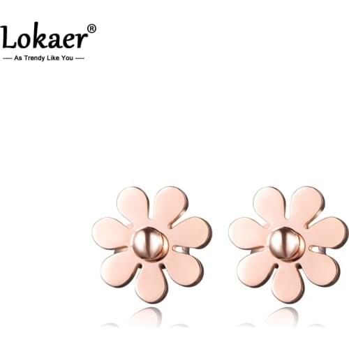 Lokaer Classic Cute Small Daisy Flower Stud Earrings Rose Gold Stainless Steel Trendy Romantic Earrings Jewelry For Women E17028