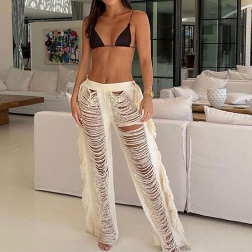 SEASONS Gradient Trend Loose Ripped Side Tassel Straight Pants Women Sexy Party Skinny Street High Waist Trousers ASPA83876