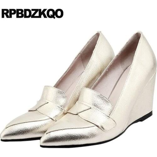 Genuine Leather Ladies Pointed Toe High Heels Gold Women Shoes For Party Wedge China Pumps 2018 8cm Gun Color Size 4 34 Handmade
