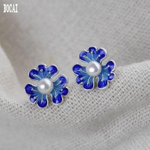 BOCAI real S925 silver fashion earrings for women ethnic landscape Cloisonne Thai silver inlaid pearl women earrings