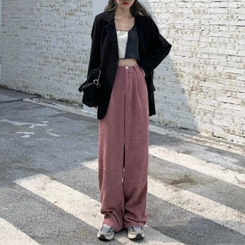 Womens Wide Trousers Solid Loose Corduroy Pants Casual Buttons Corduroy Pants Fashion High Waist Pink Womens Pants Autumn 2021