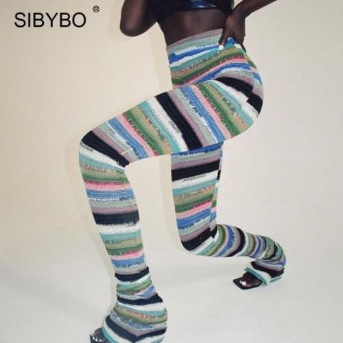 Sibybo Fashion Contrast Stripe Stacked Pants Women Autumn High Waist Pants Leggings Femme Casual Fitness Long Pant Trousers 2021