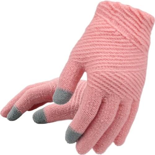 Women Knitted Gloves Female Keep Warm Touch Screen Mittens Fashion Outdoor Stripe Full Finger Knit Gloves