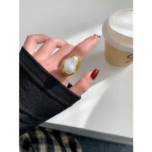 Flashbuy Vintage Big Pearl Rings for Women Minimalist Irregular Gold Color Rings Fashion Adjustable Jewlery Female