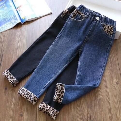Girl Pants Winter Plus Velet Thick Warm Denim Pants Leopard Decoration Jeans for Boys 4-12years full length trousers pantalones