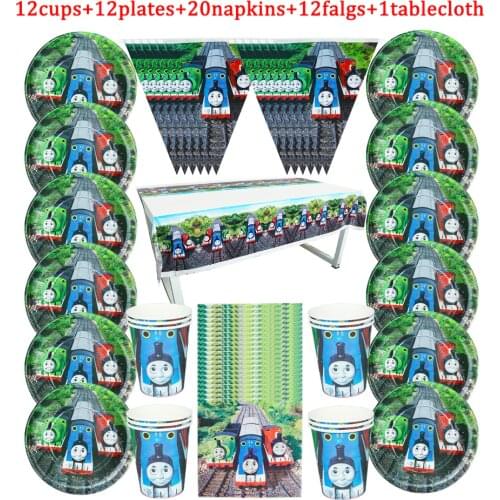 57Pc/Lot Cartoon Thomas Friends Disposable Tableware Design Kid Birthday Party Paper Plate+Cup+Napkin+ Flag+Tablecloth Supplies