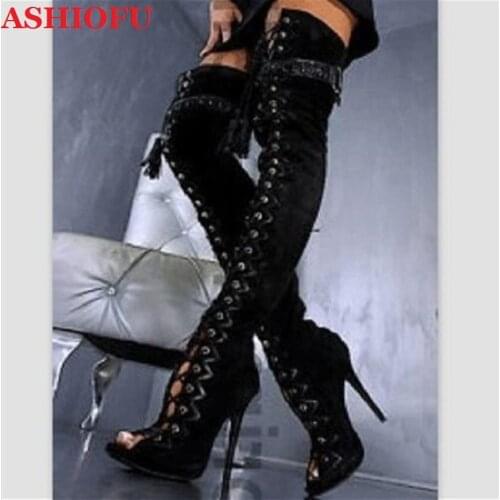 ASHIOFU New Handmade Ladies Over Knee Boots Cross Shoelace Sexy Club Party Thigh High Boots Evening Prom Fashion Boots Shoes