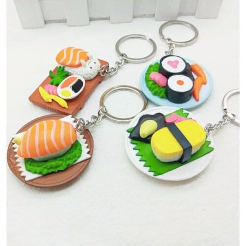 FREE SHIPPING BY DHL 100pcs/lot New Hot Japanese Cuisine Sushi Keychains Novelty Food Shaped Keyrings Creative Gifts