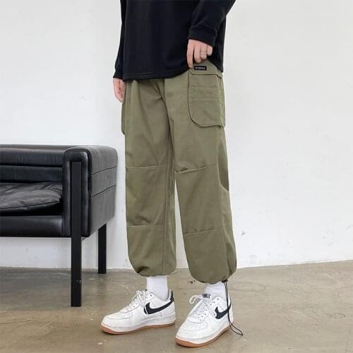 Japanese pop icon Vintage Cargo Pants Mens 2021 Fashion Loose Straight Hip Hop Student Wide Leg Casual Nine Cent Pants