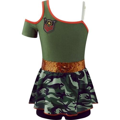 4-14 Years Kids Girls Police Cosplay Costumes Sequins Camouflage Print Skirt Hem Short Jumpsuit Bodysuit for Role-playing Party
