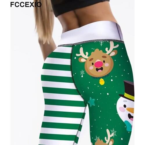 FCCEXIO Merry Christmas High Waist Elasticity Women Printed Cute Snowman Leggings Animal Fawn Fitness Pants Xmas Women Leggings