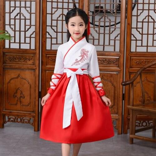 Girls Boys Chinese Hanfu Costumes Child Traditional Ancient Fairy Han Tang Dynasty Dress Minority Dance Kids Clothing C55320CH
