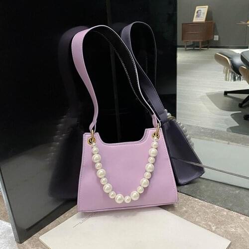 Fashion Pure Color Women Pearl Handbag Simple PU Leather Totes Clutch Shoulder Bags Female Travel Underarm Purse
