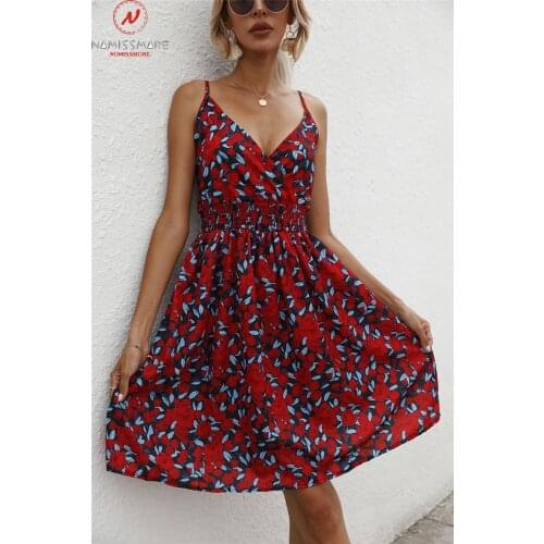 Fashion Women Summer Print A-Line Dress Patchwork Design Sling Sleeveless Backless Cross V-Neck Elastic Waist Slim Mini Dress