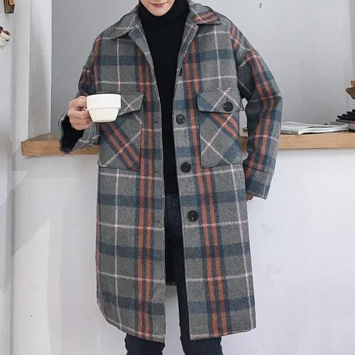 Vintage Long Plaid Woolen Jacket Outerwear Men Streetwear Hip Hop Loose Windbreaker Overcoat Cardigan Coat Abrigo Largo Hombre