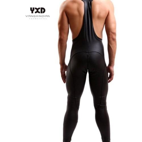 2021 Mens Sexy Jumpsuits Men U Open Crotch Zipper Leather Sling Vest Rompers Man Patchwork Motorcycle Tights Leather Pants Male