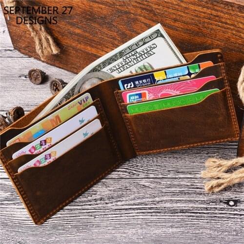 Retro Short Wallets Men Crazy Horse Leather Vintage Clutch Wallet Male Simple Coin Purses Money Bag Genuine Leather Bifold Purse
