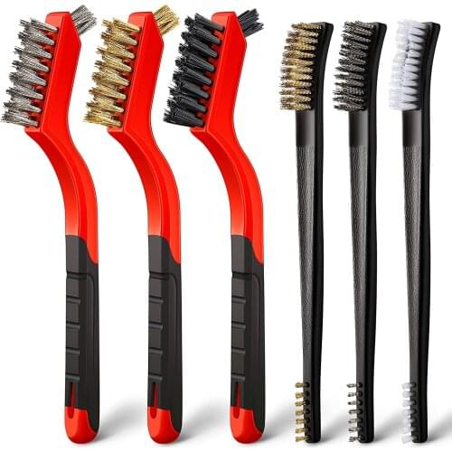 6-Piece wire brush set, brass / stainless steel / nylon wire brush for cleaning, with curved handle for rust removal