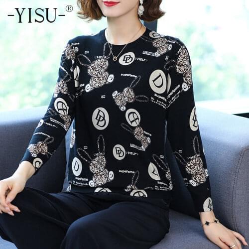 YISU New Spring Autumn Loose Women Wool Sweater O-Neck Knitted pullove tops Female Casual Rabbit Printing Jumper Woman clothing