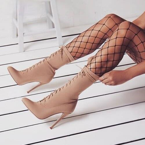 New Boots Women 2021 Autumn Fashion Ankle Pointed Toe Shoes Stretch Cross-Tied Lace-Up Stiletto High Heel Botas Mujer 42