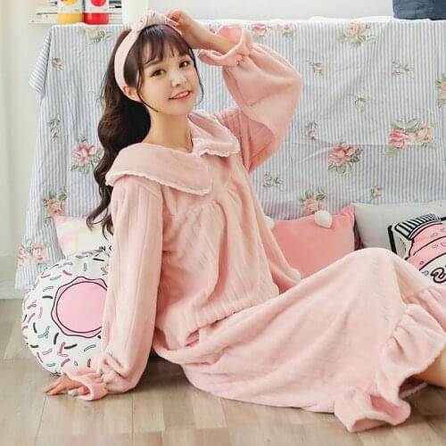 Autumn and Winter Lovely Coral Plush Nightdress Womens Extended Flannel Nightdress Womens Nightdress Household Womens Wear