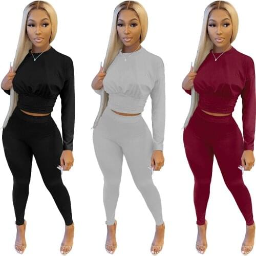 Autumn Womens Suit Solid O-Neck Two-piece Suit Crop Top Set and Pencil Pants Casual Outfits for Sex Womens Clothes Tracksuit