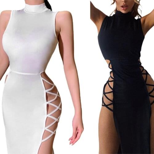 DEWADBOW Women Sexy Dress Elegant Lady Sleeveless Mock Neck Studded Rihnstone Bandage Side High Slit Cutout Night Club Dresses