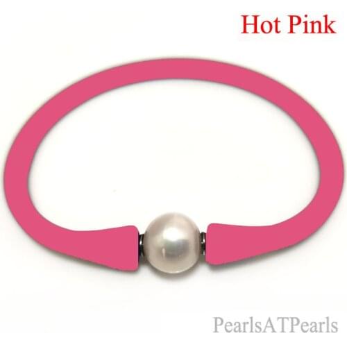 7 inches 10-11mm One AA Natural Round Pearl Hot Pink Elastic Rubber Silicone Bracelet For Women