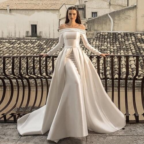 Hochzeitskleid Satin Mermaid Wedding Dress with Detachable Train Simple Robe De Mariee Long Sleeve Beading Pearls Neck Gelinlik