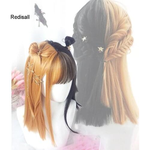 Mixed Yellow Black Lolita Wig Harajuku Sakura Sweet Blonde Long Straight Cute Synthetic Hair Fringe Bangs Adult Girls