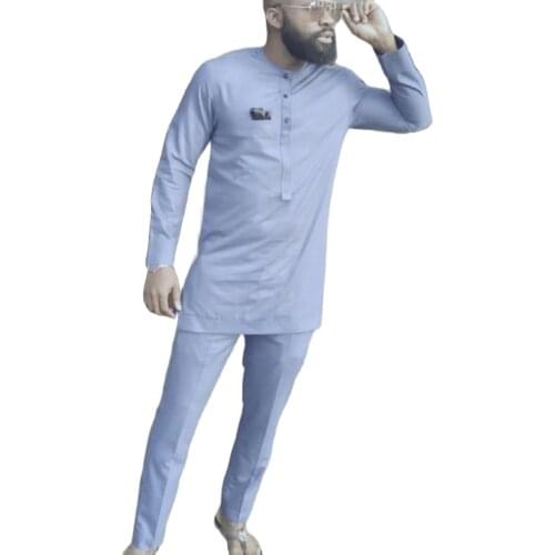 Light Blue Long Sleeve Man Shirts Matching Pants African Fashion Solid Tops+Trousers Custom Made Mens Outfits African Pant Set