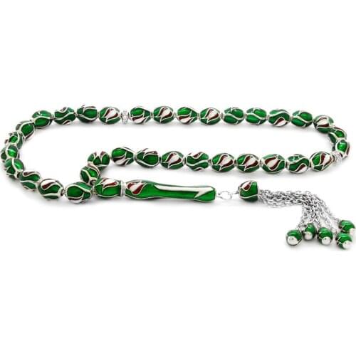 Tesbihane Tulip Design Green Enamel Barley Cut 925 Sterling Silver Prayer Beads