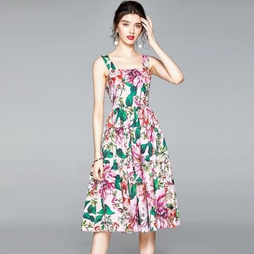 Banulin 2020 Summer Runway Floral Print Spaghetti Strap Dress Beaded Buttons Lilies Flower Overall Women Beach Boho Sundresss