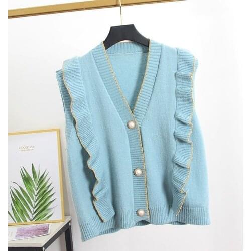 2021 New Casual V-Neck Ruffles Women Knitted Vest Women Fashion Sleeveless Sweater Cardigan Korean Style Loose Waistcoat Y570