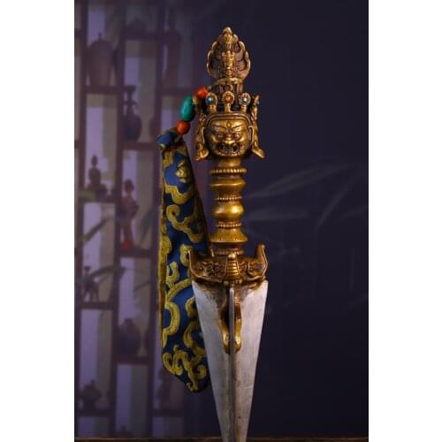 17" Tibet Buddhism Old Bronze Skeleton Mahakala head statue box set Prayer flags Dorje Vajra Phurpa Town House Exorcism