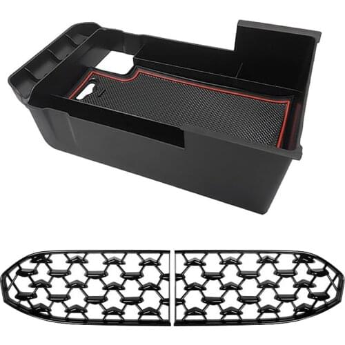 2 Set Car Accessories: 1 Pcs Car Armrest Storage Box & 1 Set Car Front Lower Grille Bumper Grille Cover Decoration
