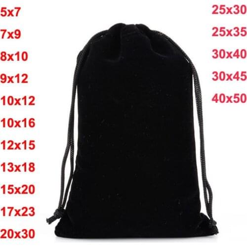 50pcs/lot 7x9, 13x18, 40x50cm Big Black Velvet Bags Drawstring Pouches For Jewelry Beads Gift Storage Packing Bag Custom Logo