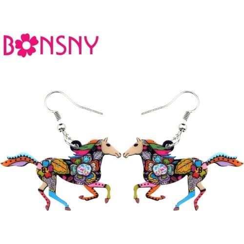 Bonsny Acrylic Elegant Running Horse Earrings Drop Dangle Fashion Floral Animal Jewelry For Women Girl Charms Gift Wholesale New
