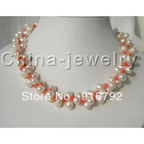 Free shipping >>>>>Beautiful 17"2row 8mm white FW pearl and coral necklace