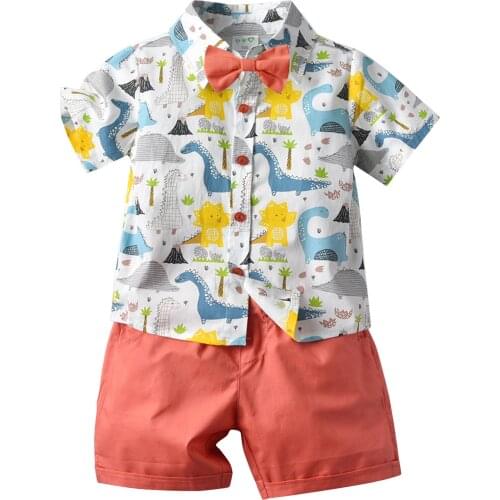 1-6T Baby Boys Shirt Shorts Set Toddlers Cartoon Dinosaur Printing Short Sleeve Lapel Top + Bow Tie + Solid Color Short Trousers